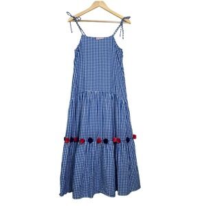 Kos Resort Gingham Maxi Dress Dopped Waist XS‎ Blue White Pom Pom 4th of July